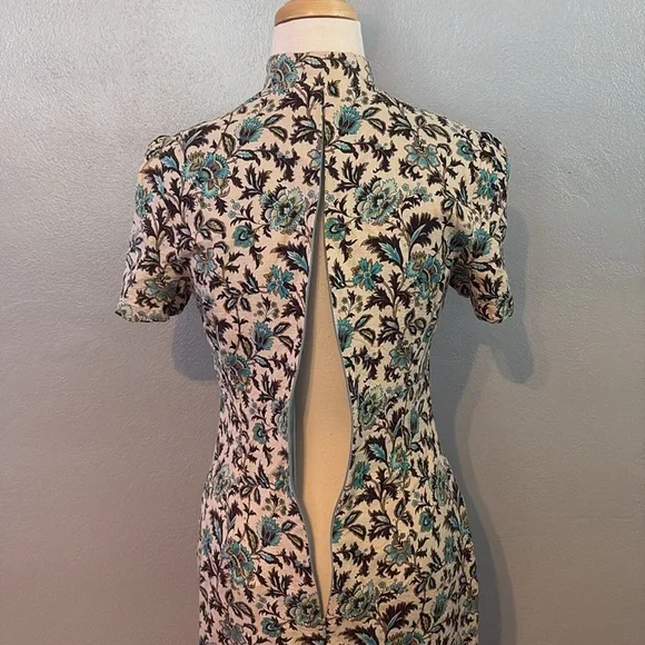 Helen Cherry Silk Dress Blue Brown Floral Side Slit Size 12 - Picture 8 of 13